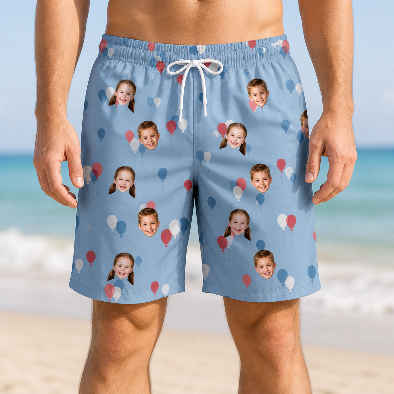 Model wearing Men's Betsy Bounce Custom Face Beach Shorts printed with kids' faces