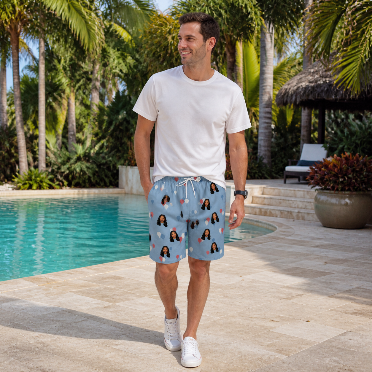 Real-life photo of someone wearing Men's Betsy Bounce Custom Face Beach Shorts — custom faces printed all-over