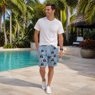 Real-life photo of someone wearing Men's Betsy Bounce Custom Face Beach Shorts — custom faces printed all-over