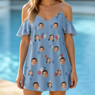 Model wearing Women's Betsy Bounce Custom Face Off-Shoulder Dress printed with kids' faces