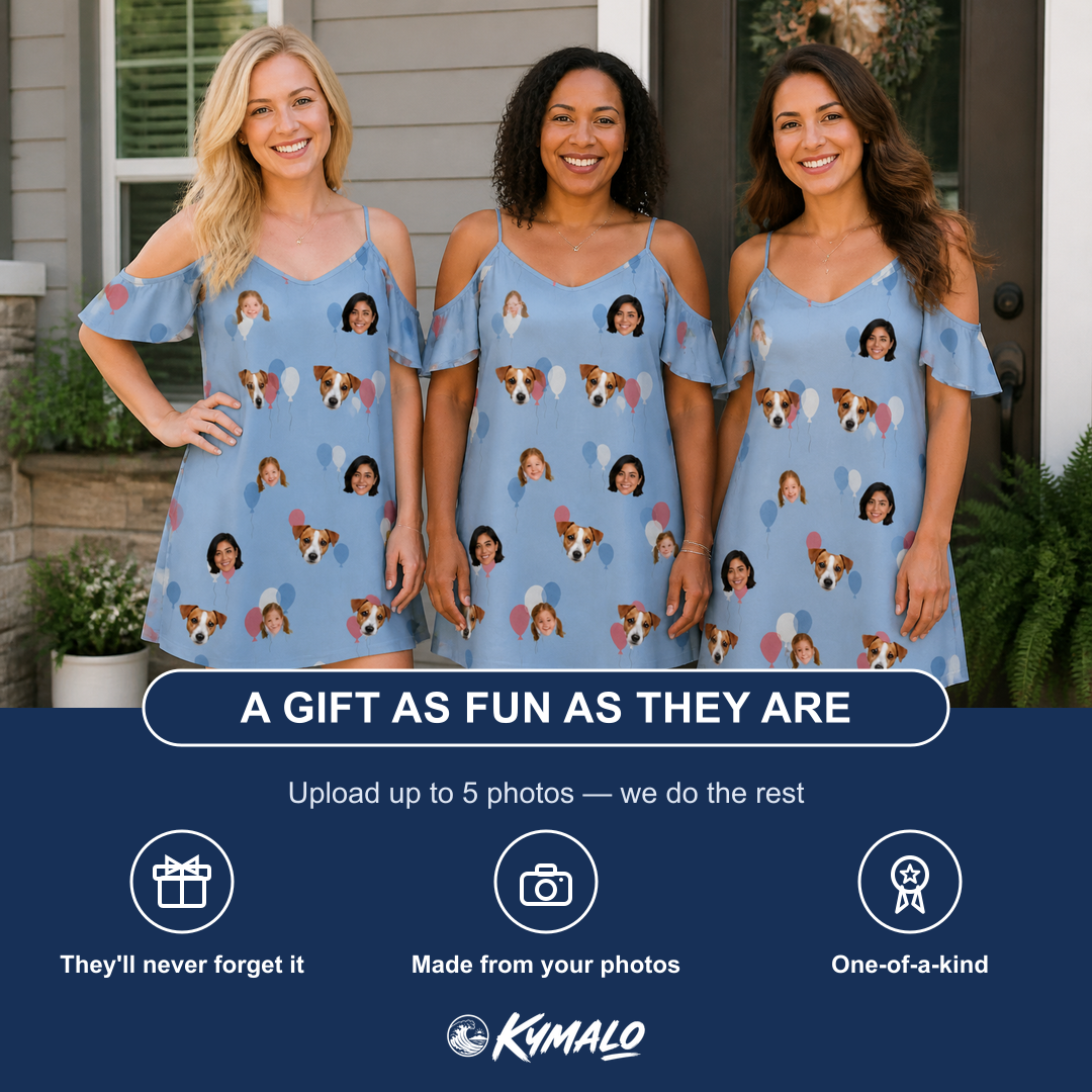 Friends in matching Women's Betsy Bounce Custom Face Off-Shoulder Dress — a group gift photo