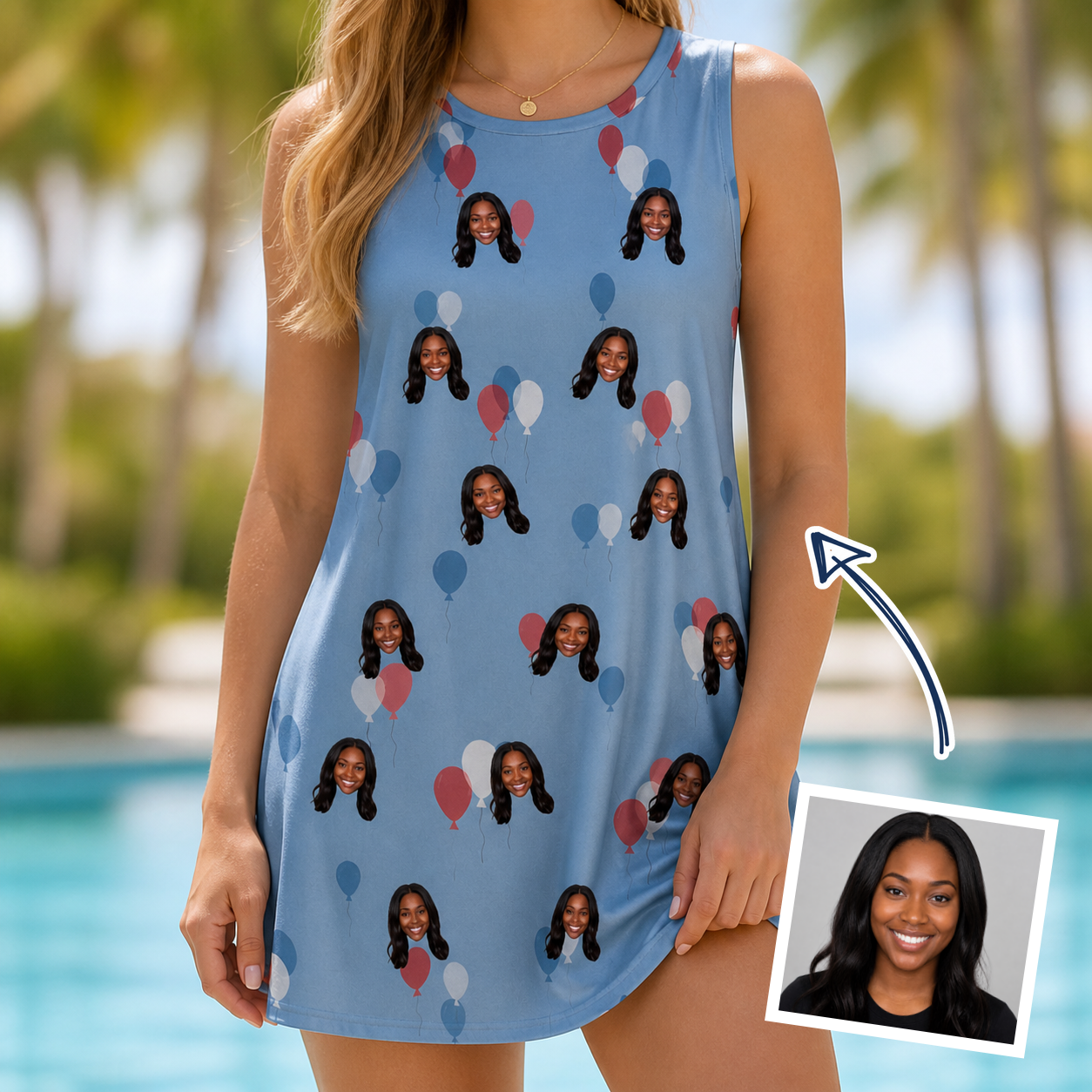 Woman wearing Women's Betsy Bounce Custom Face Tank Dress — custom faces printed all-over