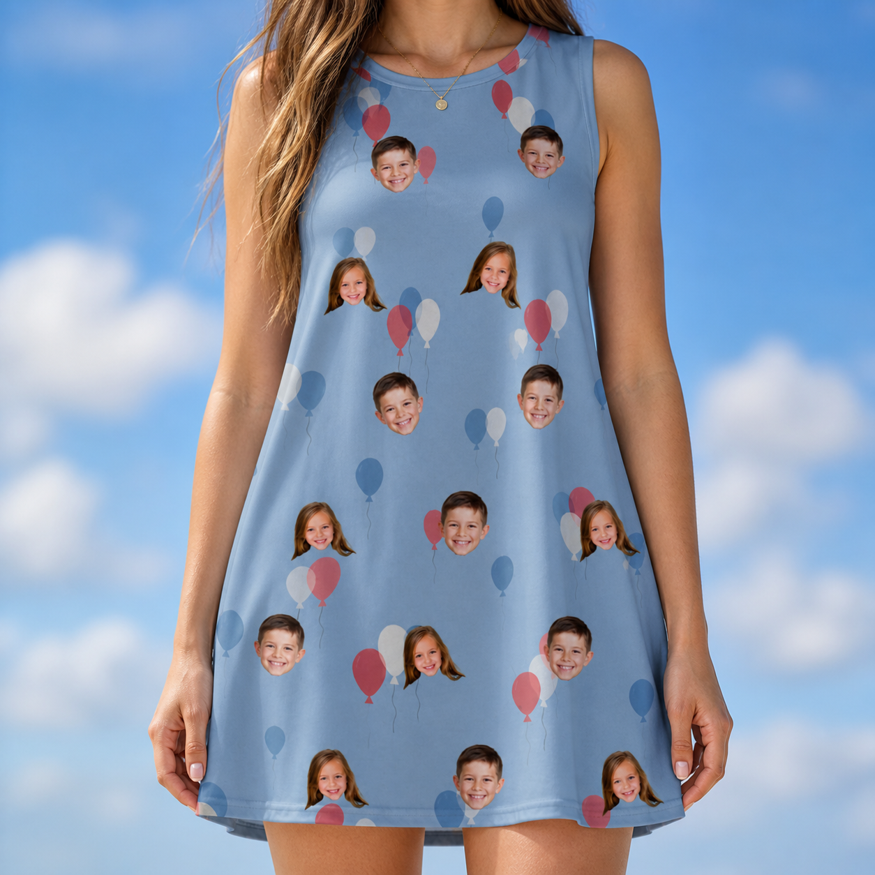 Model wearing Women's Betsy Bounce Custom Face Tank Dress printed with kids' faces