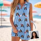 Woman wearing Women's Betsy Bounce Custom Face V-Neck Dress — custom faces printed all-over