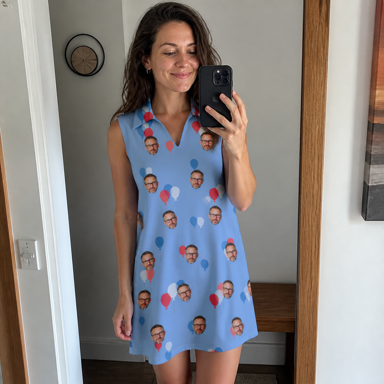 Real-life photo of someone wearing Women's Betsy Bounce Custom Face V-Neck Dress — custom faces printed all-over