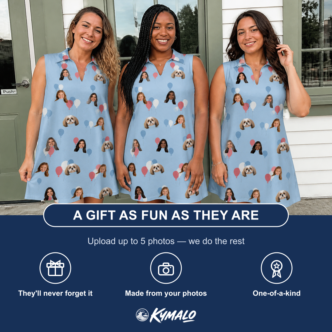 Friends in matching Women's Betsy Bounce Custom Face V-Neck Dress — a group gift photo