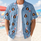 Man wearing Men's Betsy Bounce Custom Face Hawaiian Shirt open over a white tee