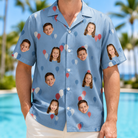 Model wearing Men's Betsy Bounce Custom Face Hawaiian Shirt printed with kids' faces
