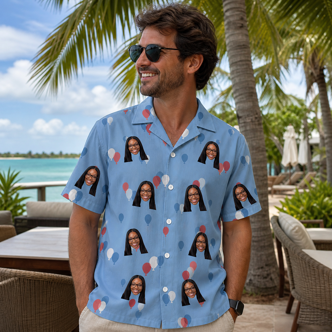 Real-life photo of someone wearing Men's Betsy Bounce Custom Face Hawaiian Shirt — custom faces printed all-over