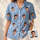 Woman wearing Women's Betsy Bounce Custom Face Hawaiian Shirt — custom faces printed all-over