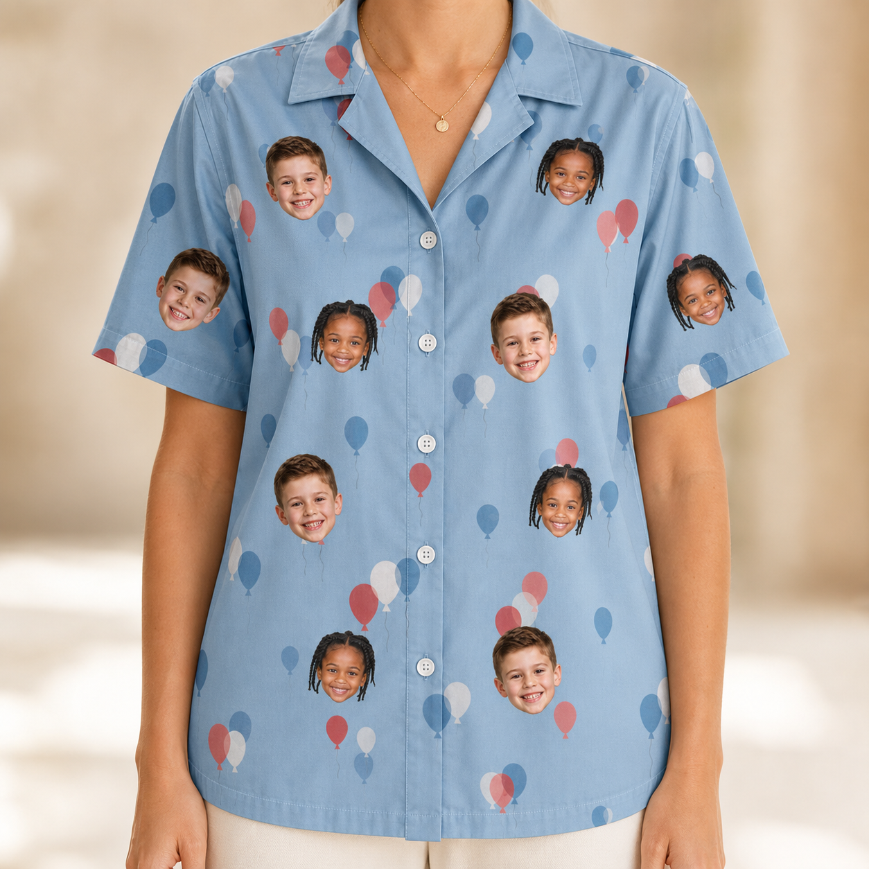 Model wearing Women's Betsy Bounce Custom Face Hawaiian Shirt printed with kids' faces