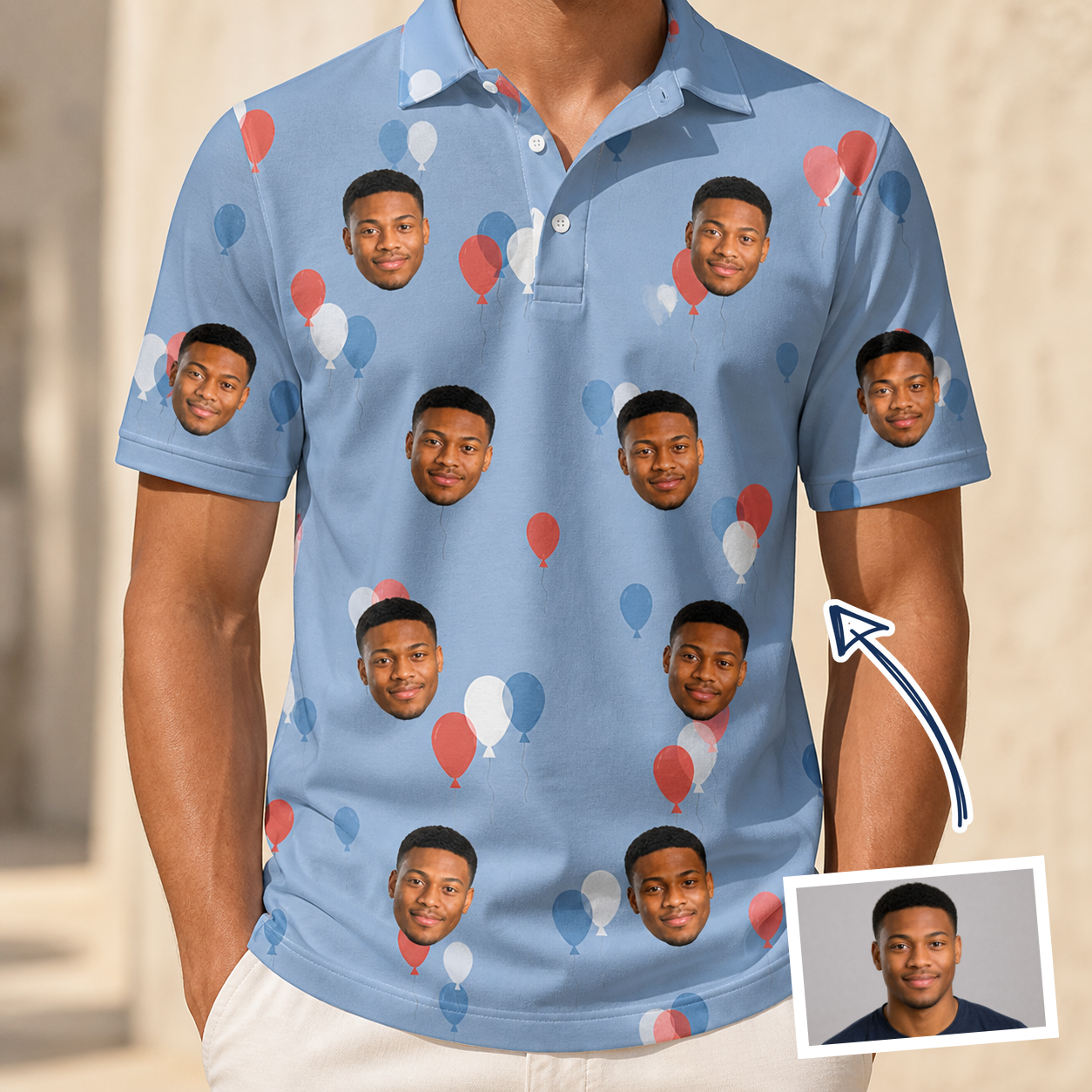 Man wearing Men's Betsy Bounce Custom Face Polo Shirt — custom faces printed all-over