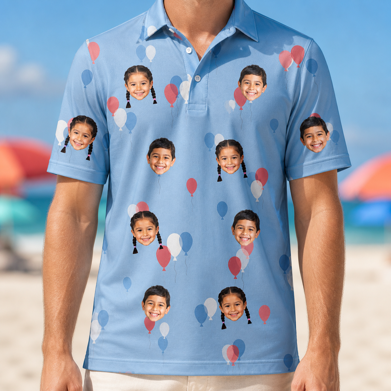 Model wearing Men's Betsy Bounce Custom Face Polo Shirt printed with kids' faces