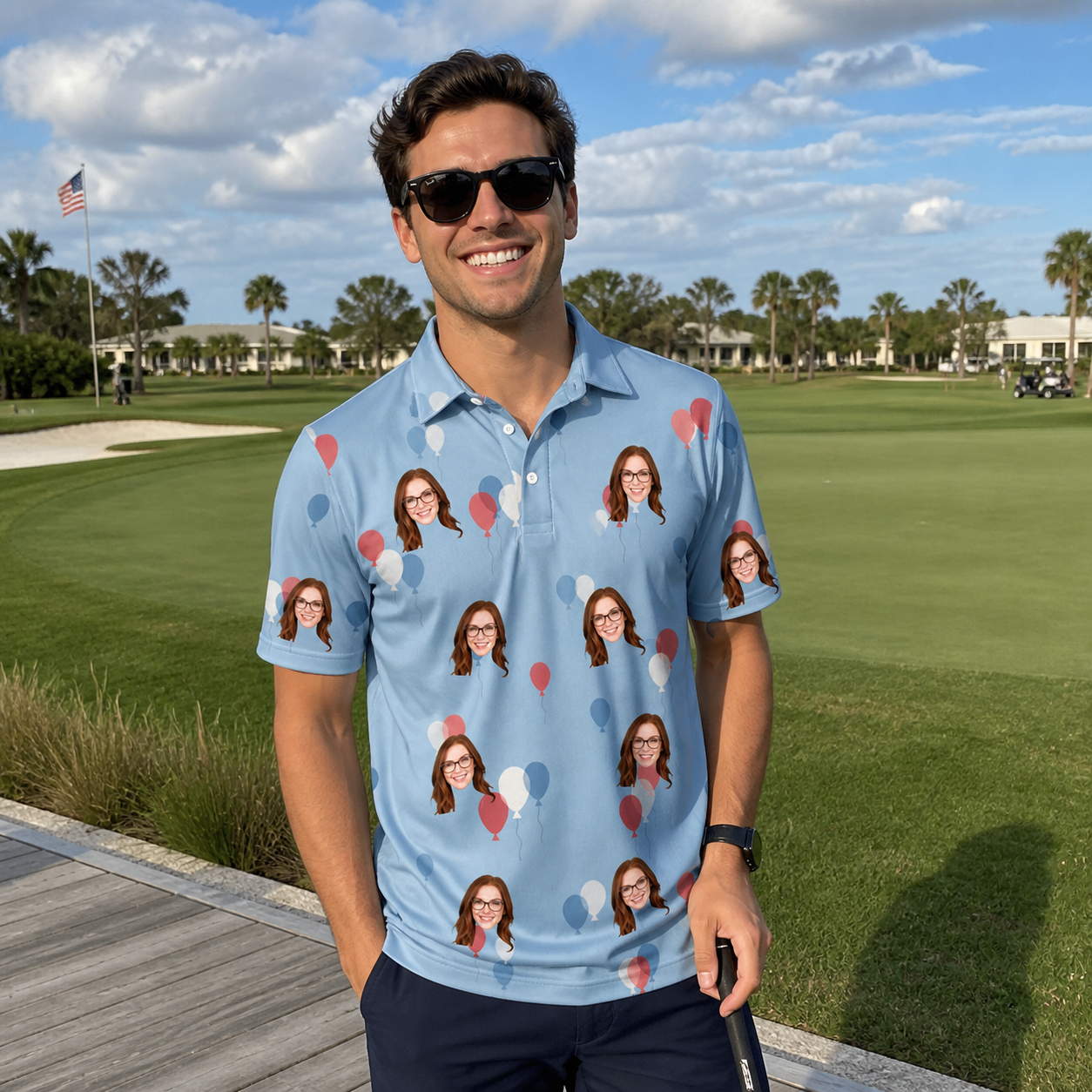 Real-life photo of someone wearing Men's Betsy Bounce Custom Face Polo Shirt — custom faces printed all-over