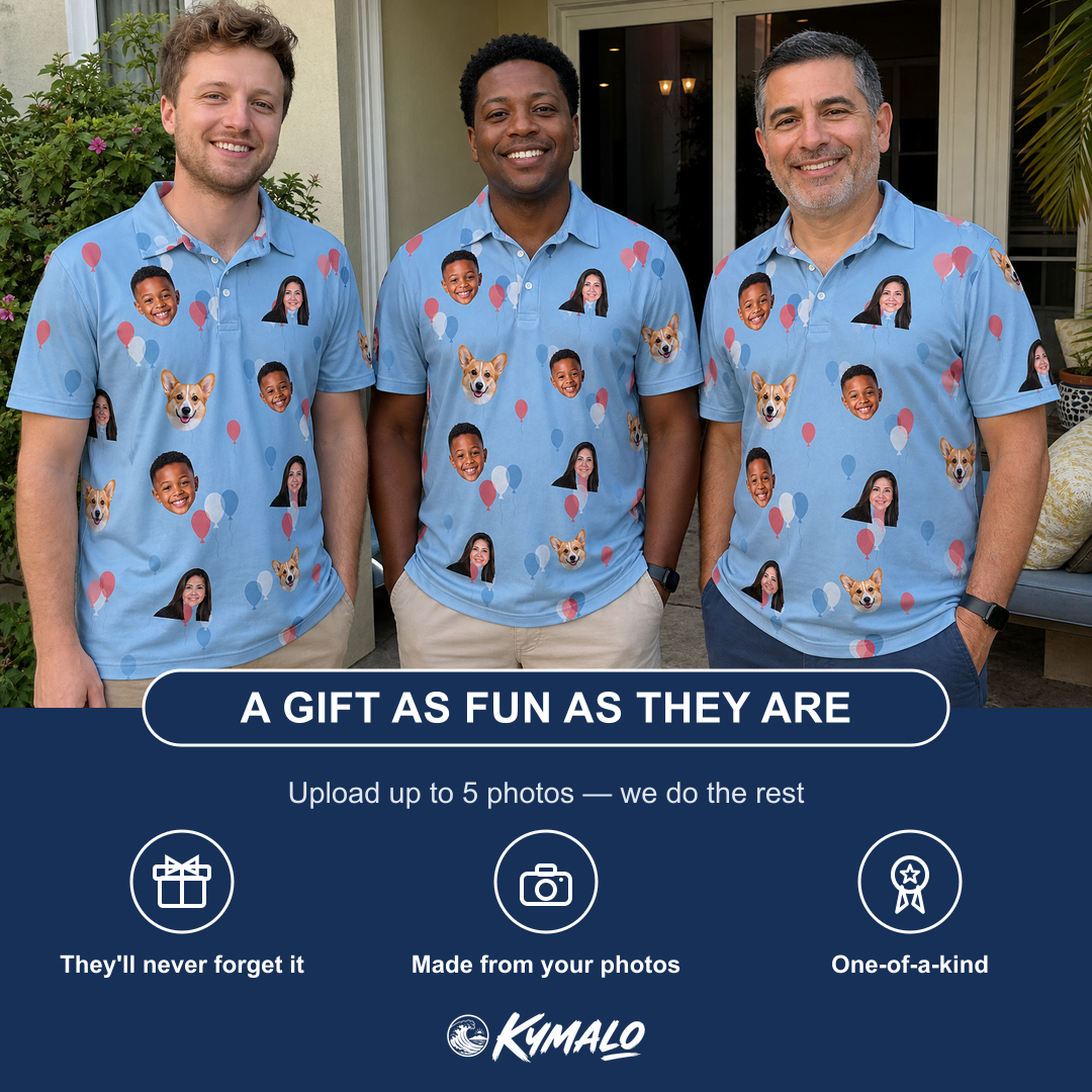 Friends in matching Men's Betsy Bounce Custom Face Polo Shirt — a group gift photo