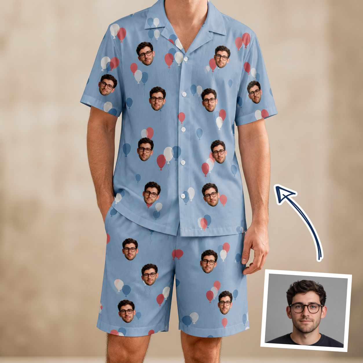 Man wearing Men's Betsy Bounce Custom Face Shirt & Shorts Set — custom faces printed all-over