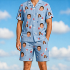 Model wearing Men's Betsy Bounce Custom Face Shirt & Shorts Set printed with kids' faces