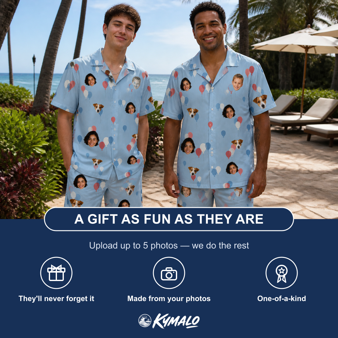 Friends in matching Men's Betsy Bounce Custom Face Shirt & Shorts Set — a group gift photo