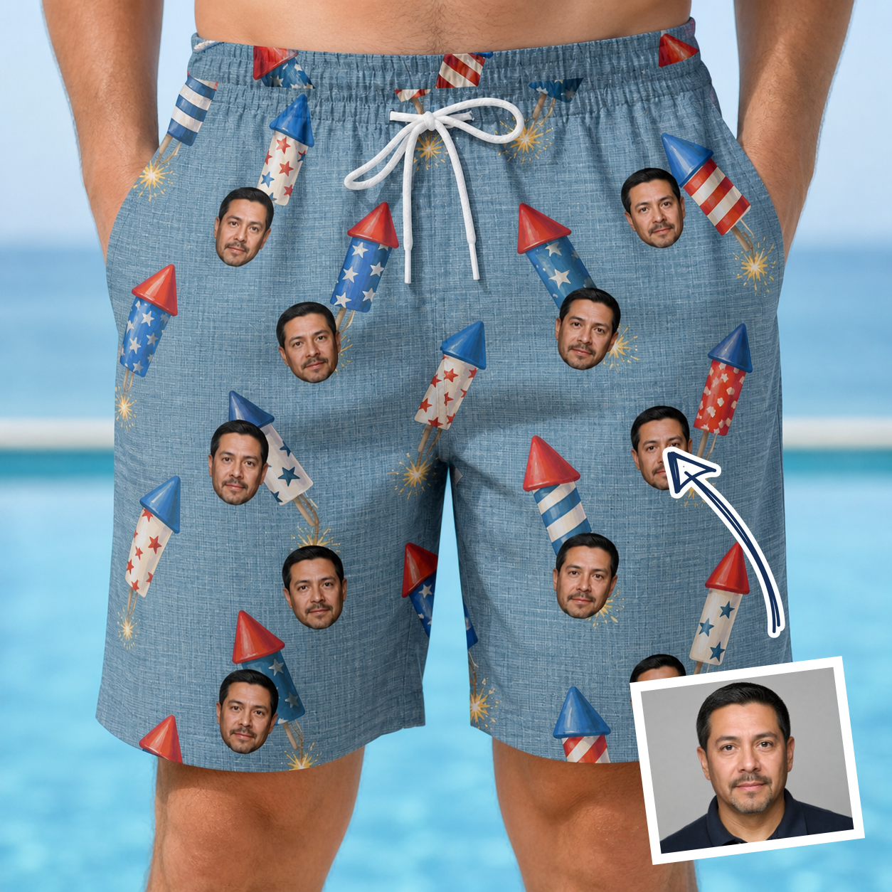 Man wearing Men's Launch Lark Custom Face Beach Shorts — custom faces printed all-over