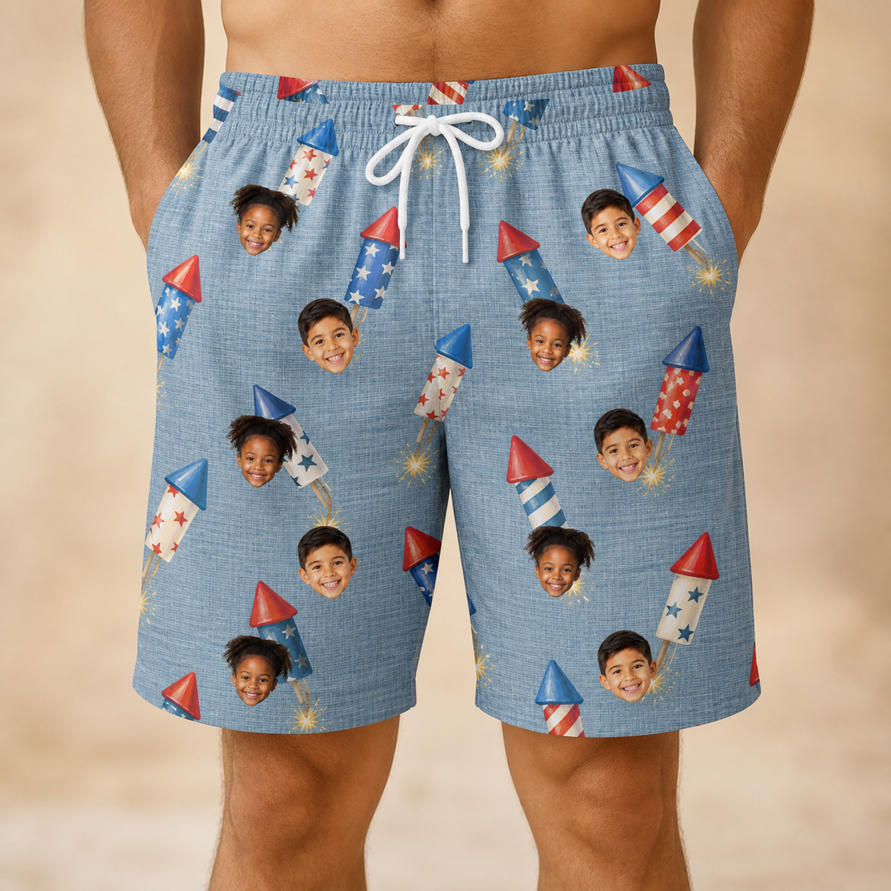 Model wearing Men's Launch Lark Custom Face Beach Shorts printed with kids' faces