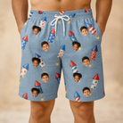 Model wearing Men's Launch Lark Custom Face Beach Shorts printed with kids' faces