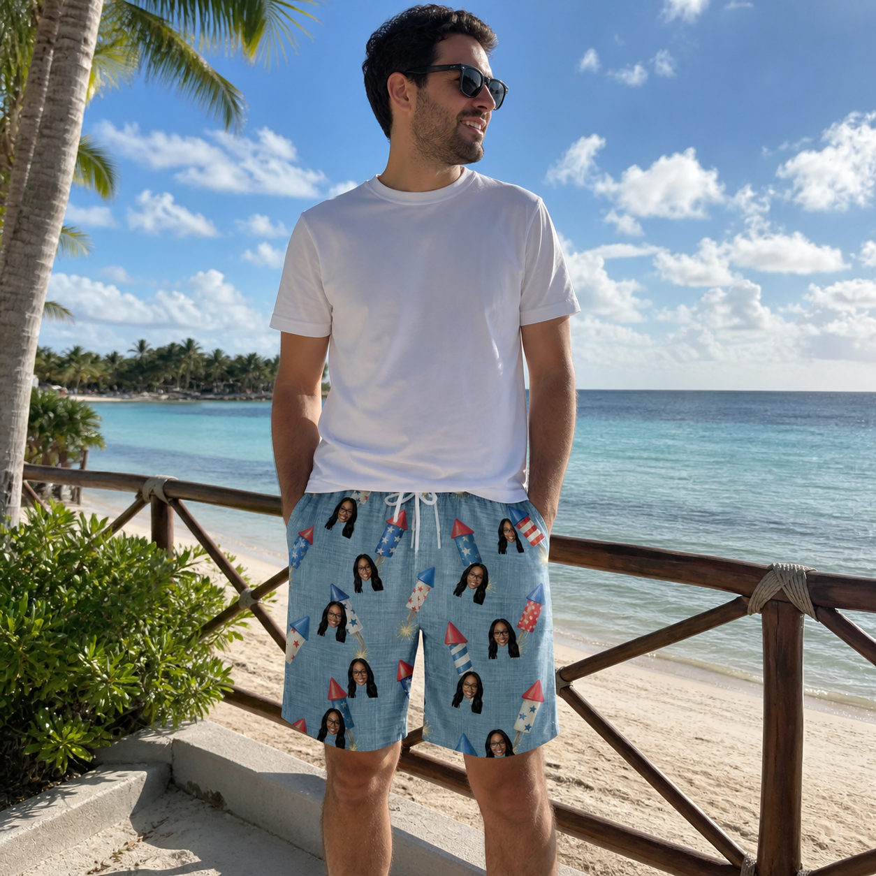 Real-life photo of someone wearing Men's Launch Lark Custom Face Beach Shorts — custom faces printed all-over