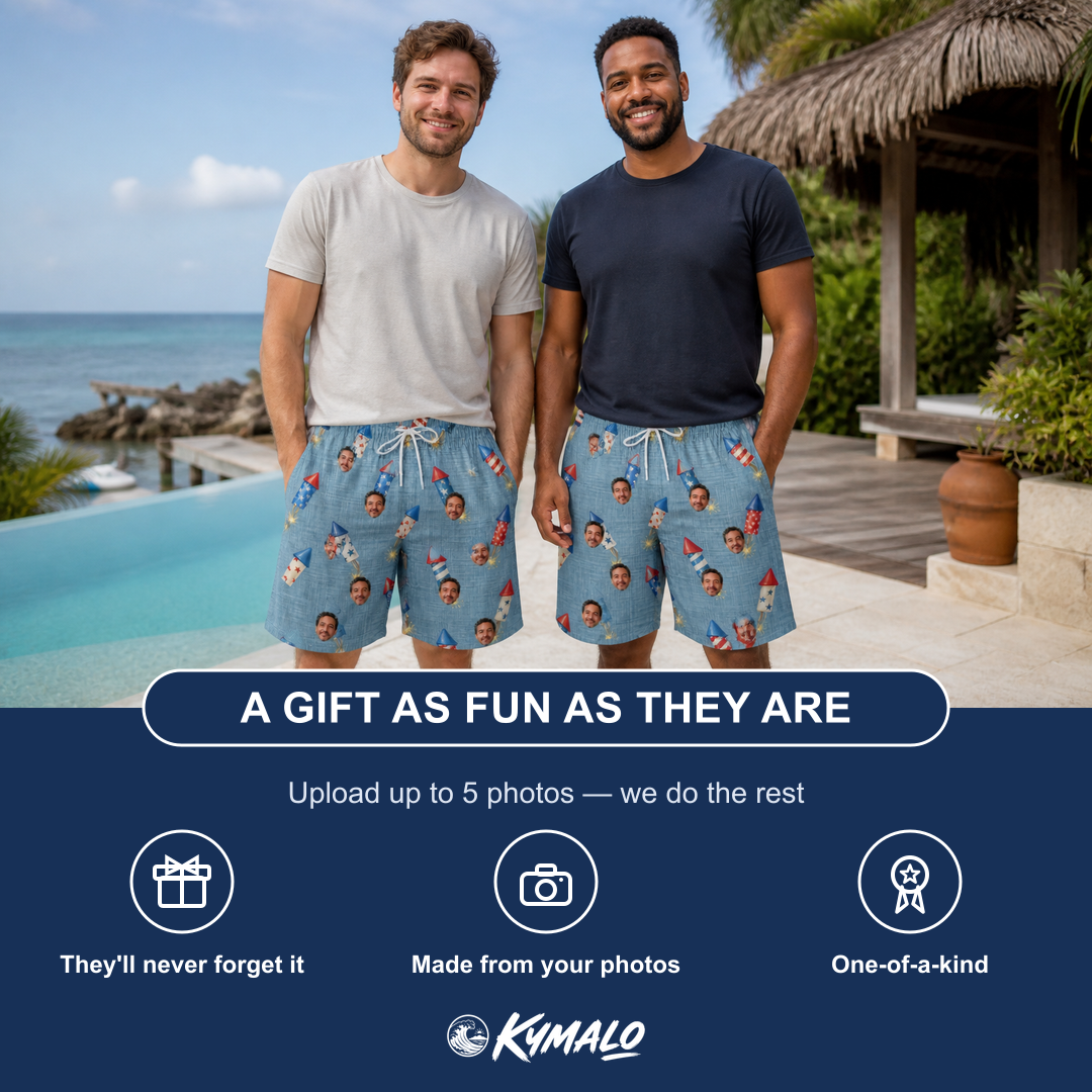 Friends in matching Men's Launch Lark Custom Face Beach Shorts — a group gift photo