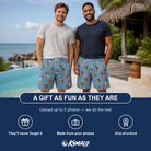 Friends in matching Men's Launch Lark Custom Face Beach Shorts — a group gift photo