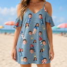Model wearing Women's Launch Lark Custom Face Off-Shoulder Dress printed with kids' faces