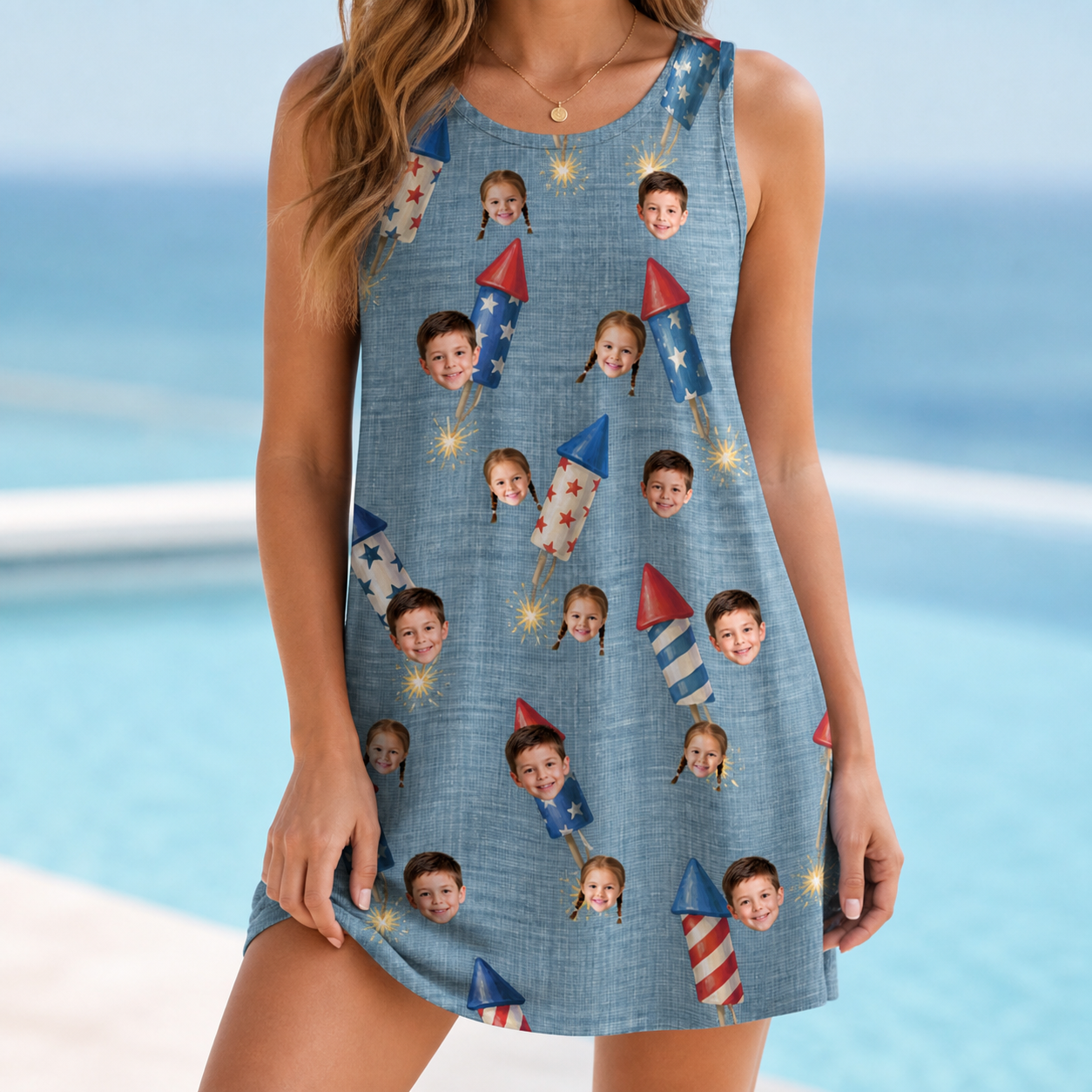 Model wearing Women's Launch Lark Custom Face Tank Dress printed with kids' faces