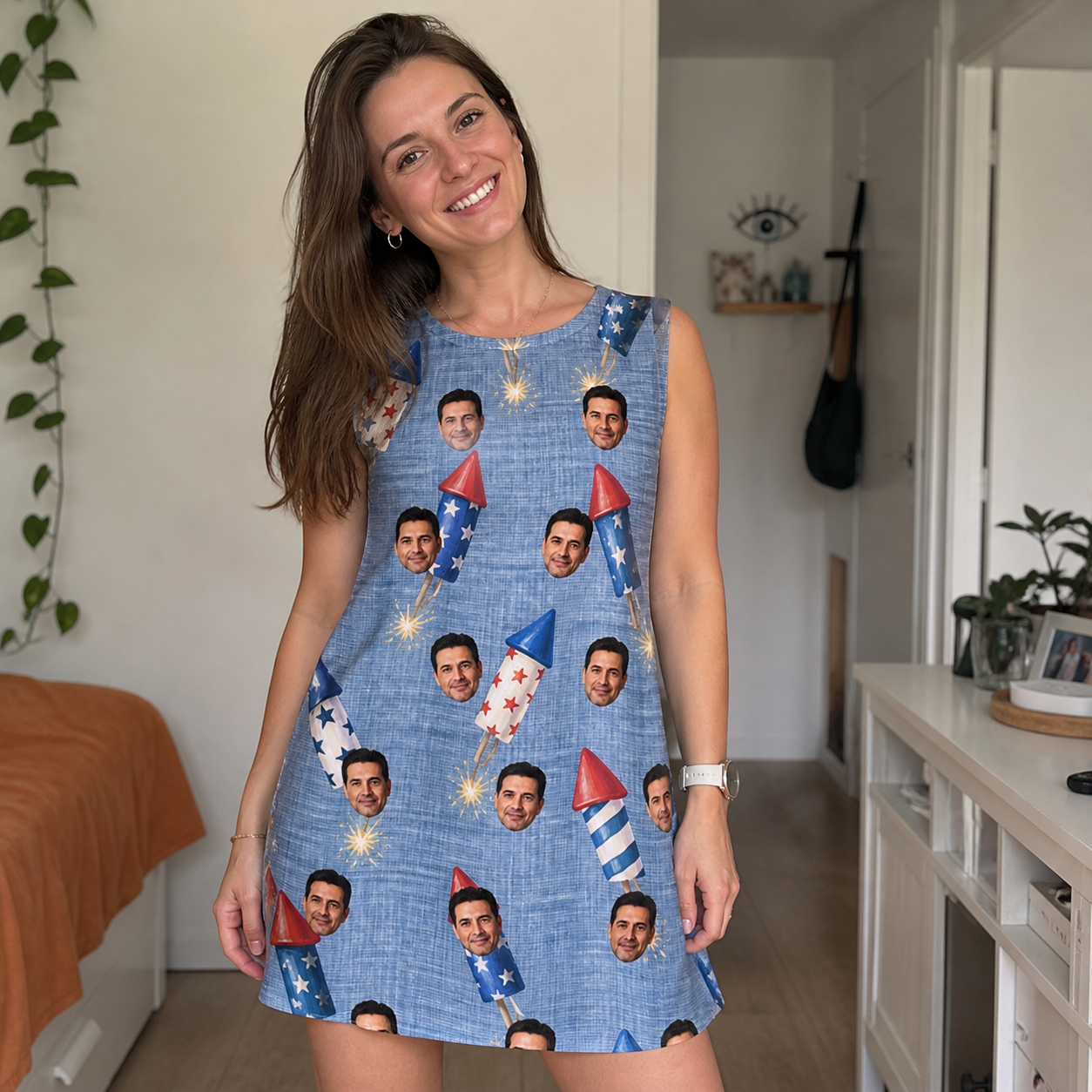 Real-life photo of someone wearing Women's Launch Lark Custom Face Tank Dress — custom faces printed all-over