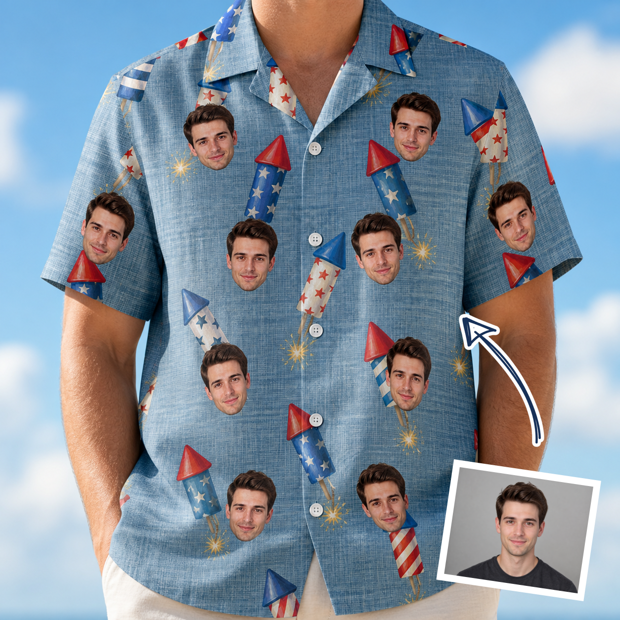 Man wearing Men's Launch Lark Custom Face Hawaiian Shirt — custom faces printed all-over
