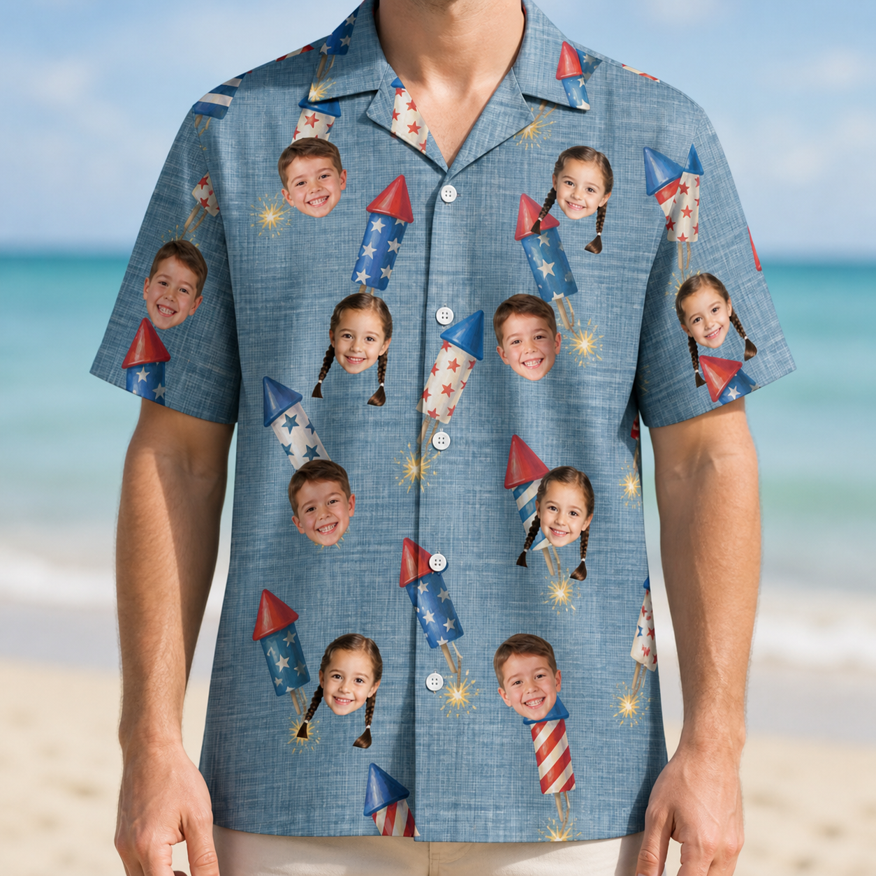Model wearing Men's Launch Lark Custom Face Hawaiian Shirt printed with kids' faces