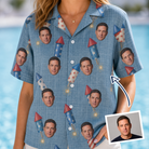 Woman wearing Women's Launch Lark Custom Face Hawaiian Shirt — custom faces printed all-over