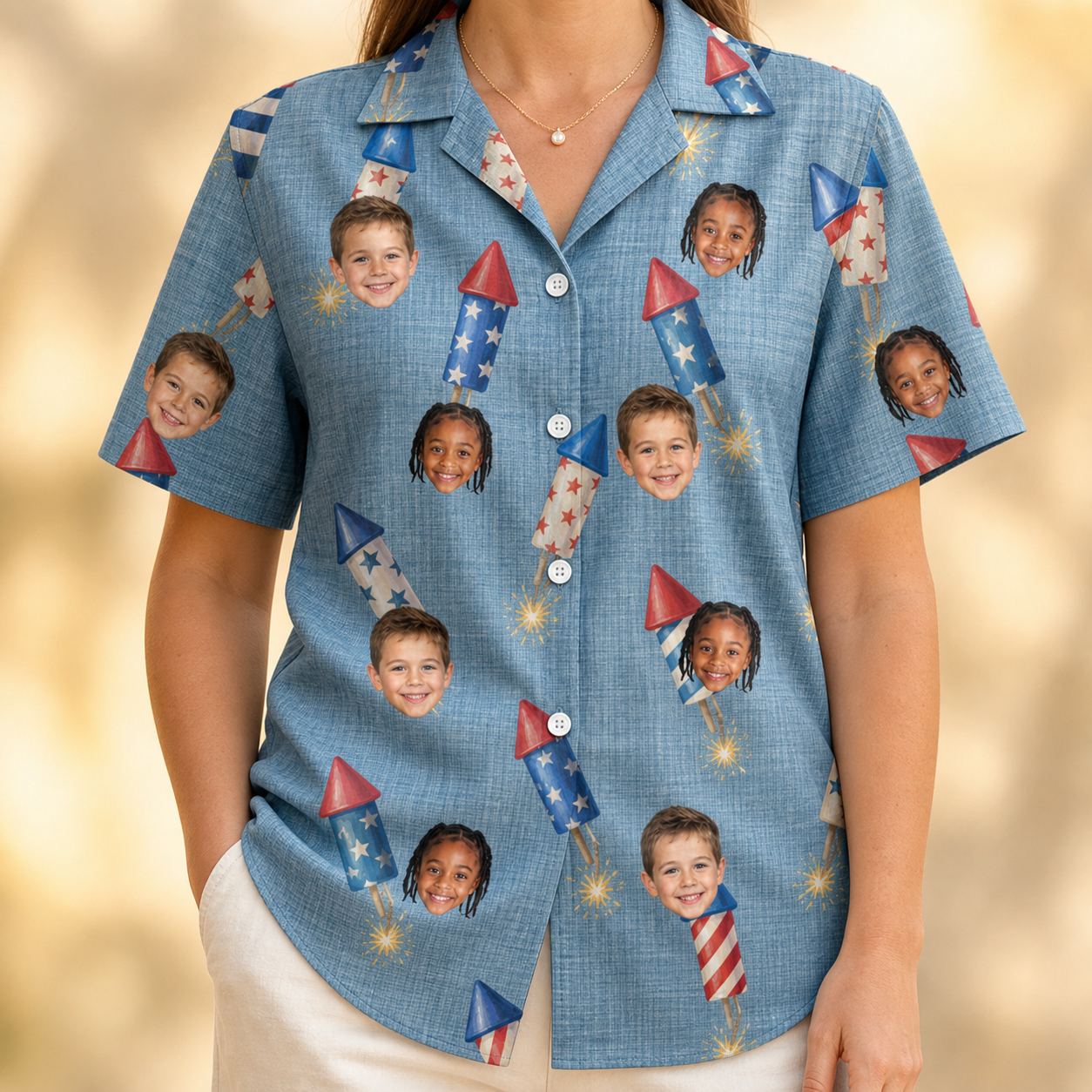 Model wearing Women's Launch Lark Custom Face Hawaiian Shirt printed with kids' faces