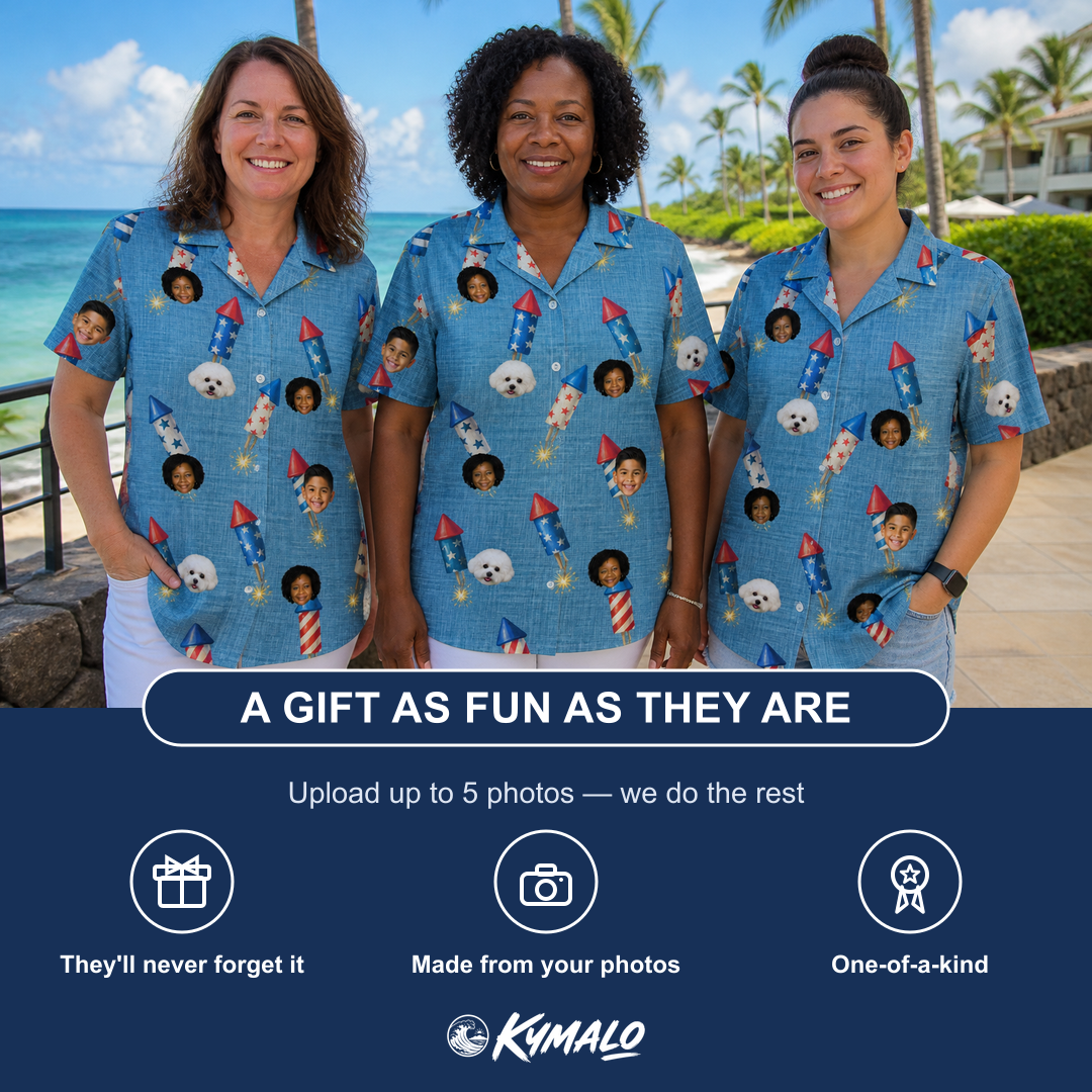 Friends in matching Women's Launch Lark Custom Face Hawaiian Shirt — a group gift photo
