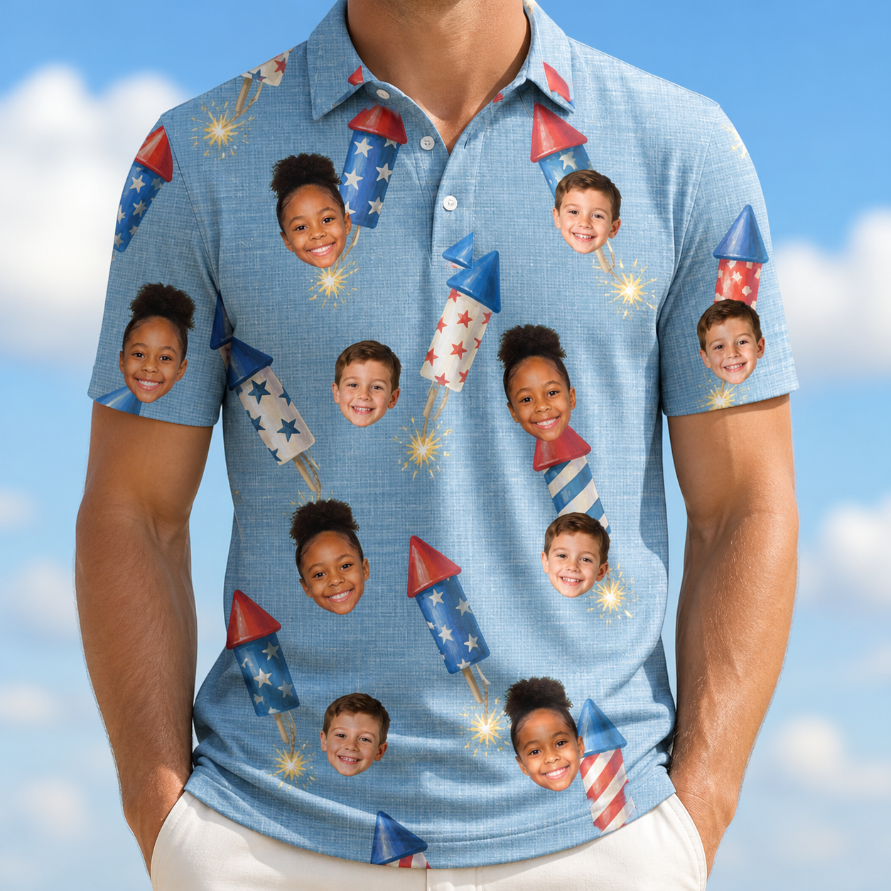 Model wearing Men's Launch Lark Custom Face Polo Shirt printed with kids' faces