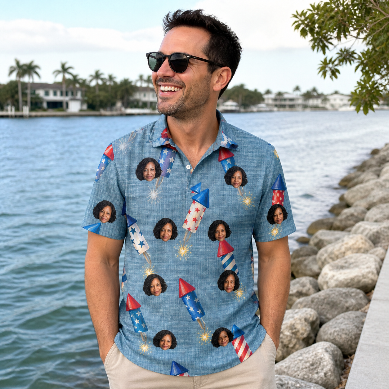 Real-life photo of someone wearing Men's Launch Lark Custom Face Polo Shirt — custom faces printed all-over