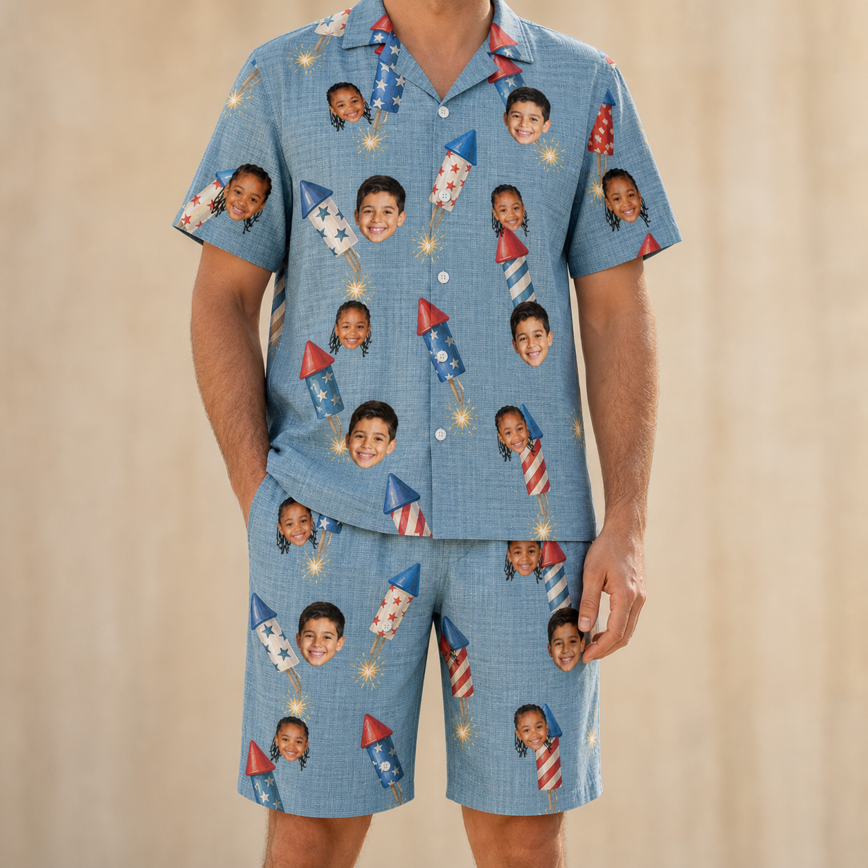 Model wearing Men's Launch Lark Custom Face Shirt & Shorts Set printed with kids' faces