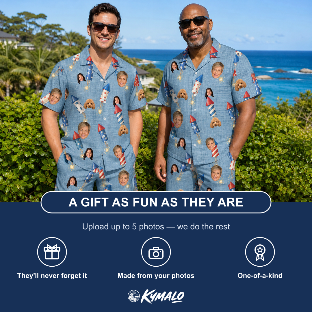 Friends in matching Men's Launch Lark Custom Face Shirt & Shorts Set — a group gift photo