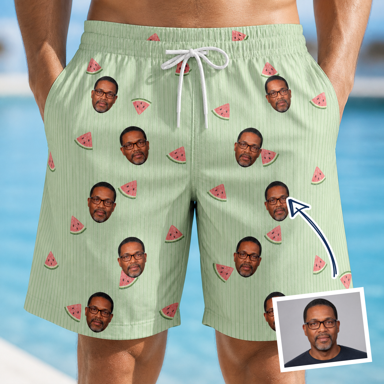 Man wearing Men's Rindependence Day Custom Face Beach Shorts — custom faces printed all-over