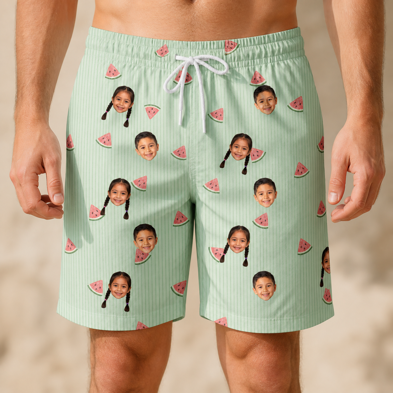 Model wearing Men's Rindependence Day Custom Face Beach Shorts printed with kids' faces
