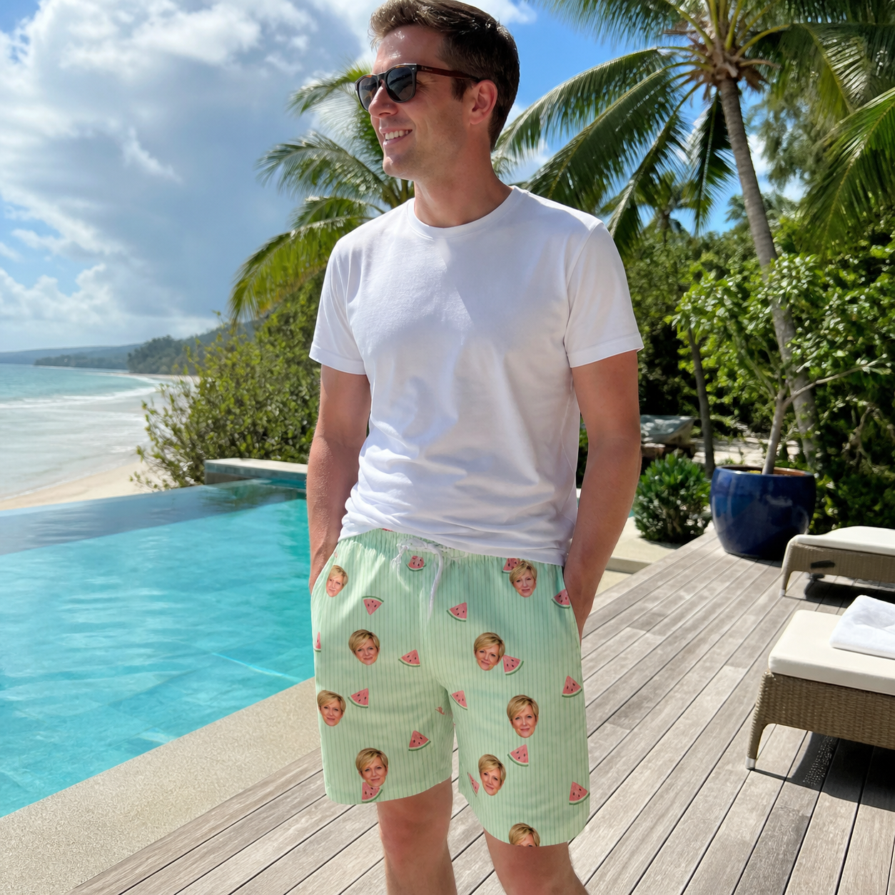 Real-life photo of someone wearing Men's Rindependence Day Custom Face Beach Shorts — custom faces printed all-over