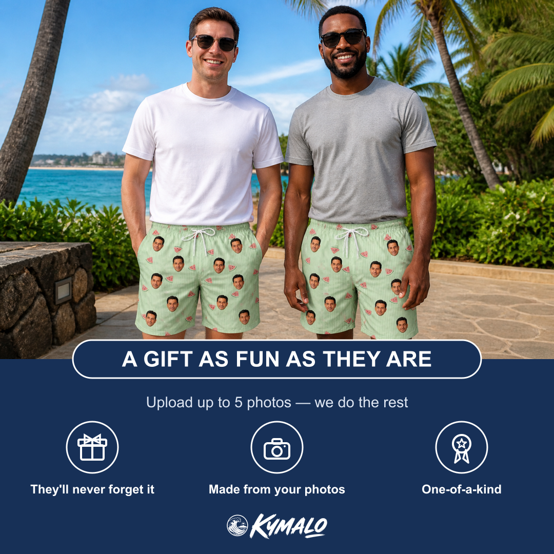 Friends in matching Men's Rindependence Day Custom Face Beach Shorts — a group gift photo