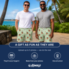 Friends in matching Men's Rindependence Day Custom Face Beach Shorts — a group gift photo