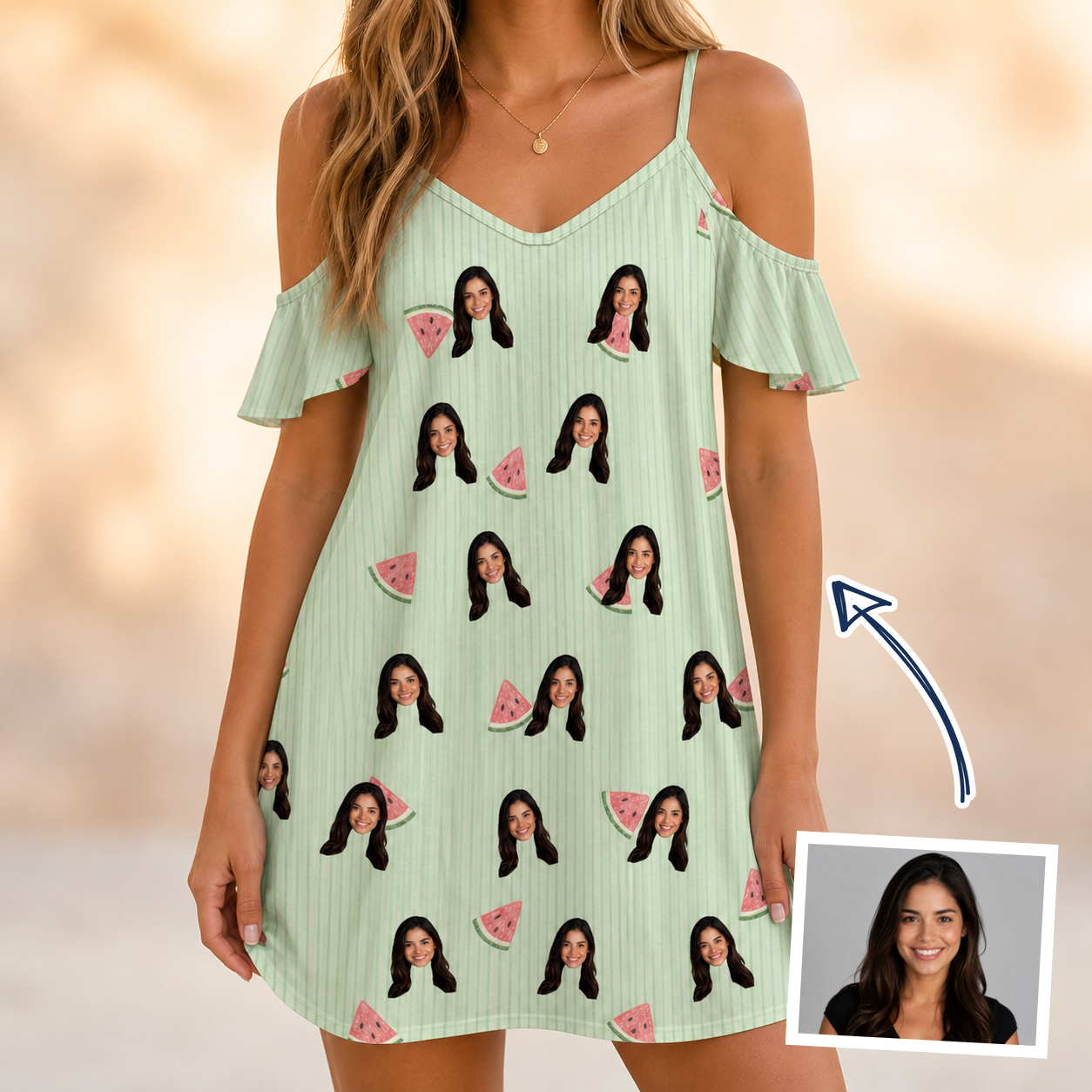 Woman wearing Women's Rindependence Day Custom Face Off-Shoulder Dress — custom faces printed all-over