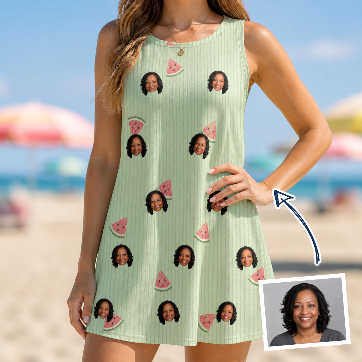 Woman wearing Women's Rindependence Day Custom Face Tank Dress — custom faces printed all-over