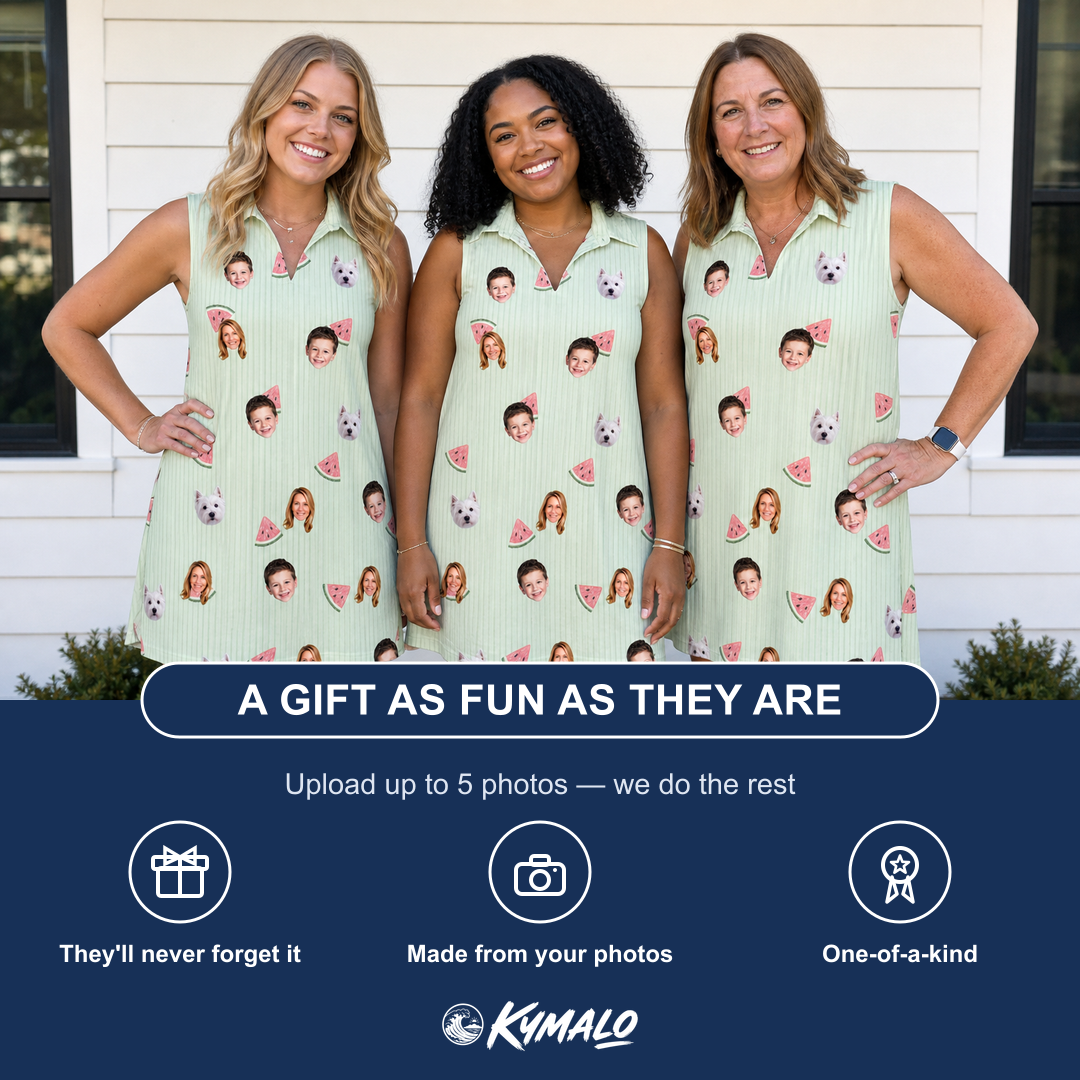 Friends in matching Women's Rindependence Day Custom Face V-Neck Dress — a group gift photo