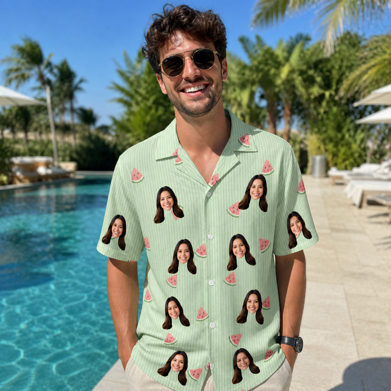 Real-life photo of someone wearing Men's Rindependence Day Custom Face Hawaiian Shirt — custom faces printed all-over