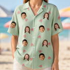 Model wearing Women's Rindependence Day Custom Face Hawaiian Shirt printed with kids' faces